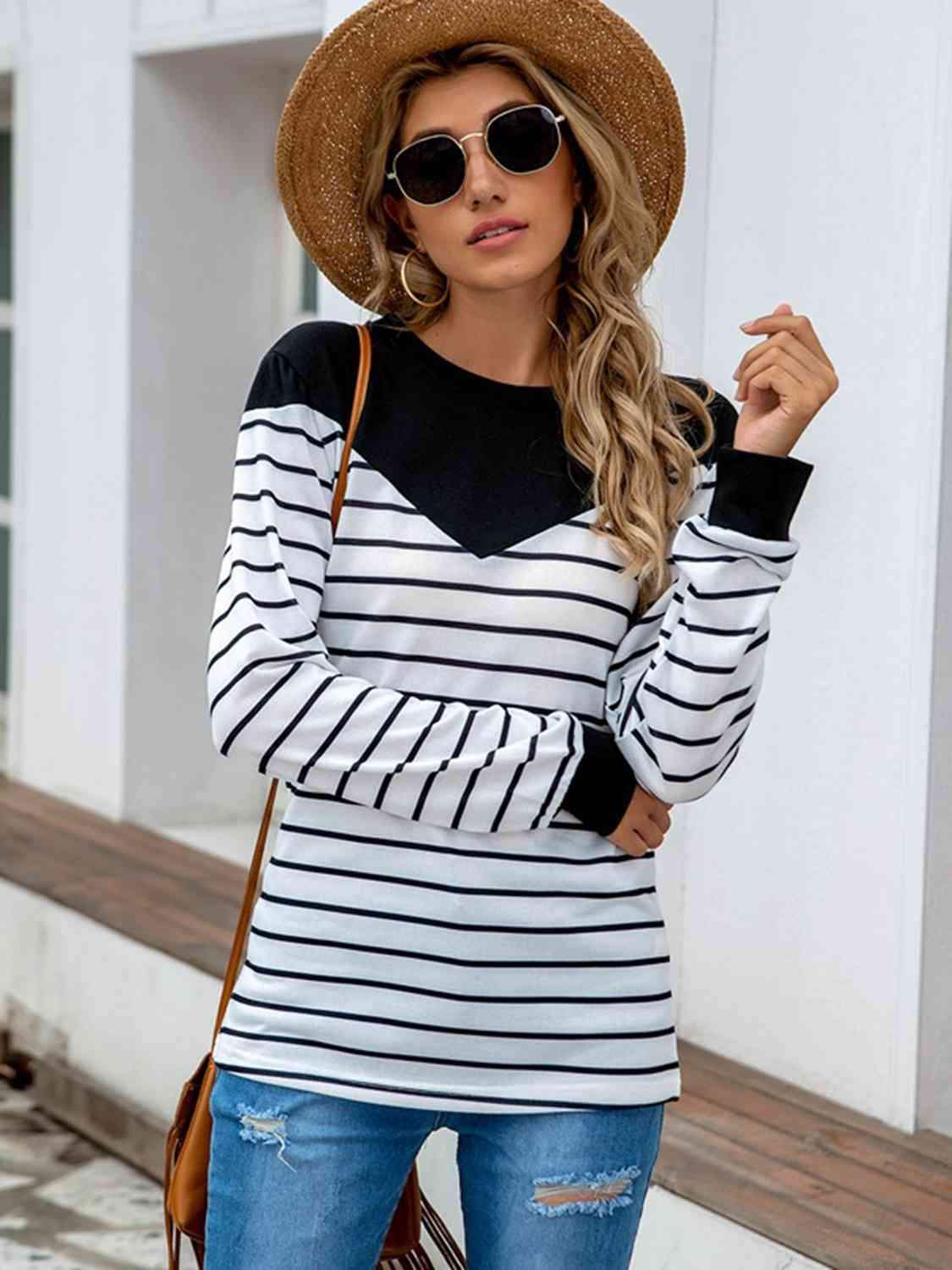 Striped Round Neck Long Sleeve T-Shirt Women's T-Shirts - Tophatter Daily Deals