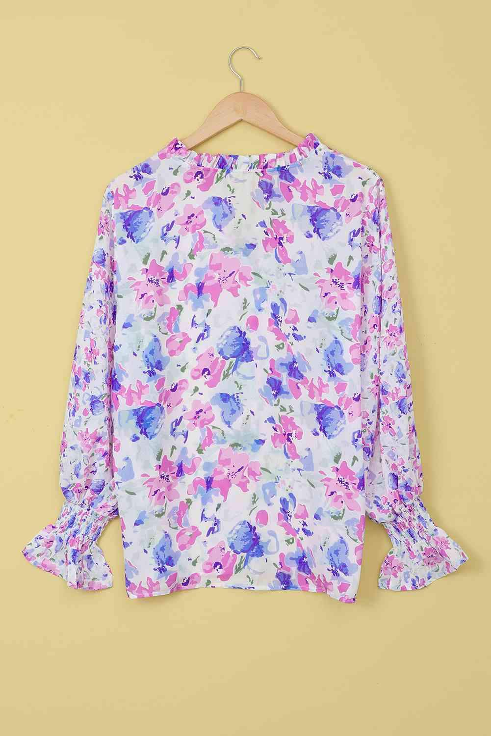 Floral Frill Trim Tie Neck Flounce Sleeve Blouse Blouses - Tophatter Daily Deals