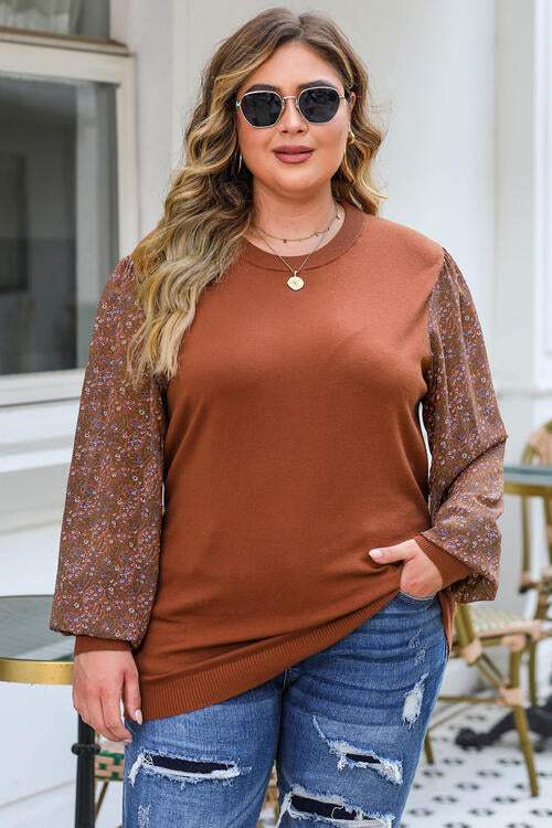 Plus Size Printed Dropped Shoulder Round Neck Blouse Chestnut Blouses - Tophatter Daily Deals