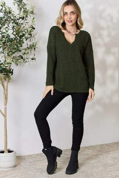 BiBi Notched Popcorn Waffle Long Sleeve Top Blouses - Tophatter Daily Deals