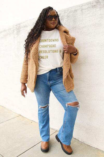 Simply Love Full Size COUNTDOWNS CHAMPAGNE RESOLUTIONS & CHEER Round Neck T-Shirt Women's T-Shirts - Tophatter Daily Deals