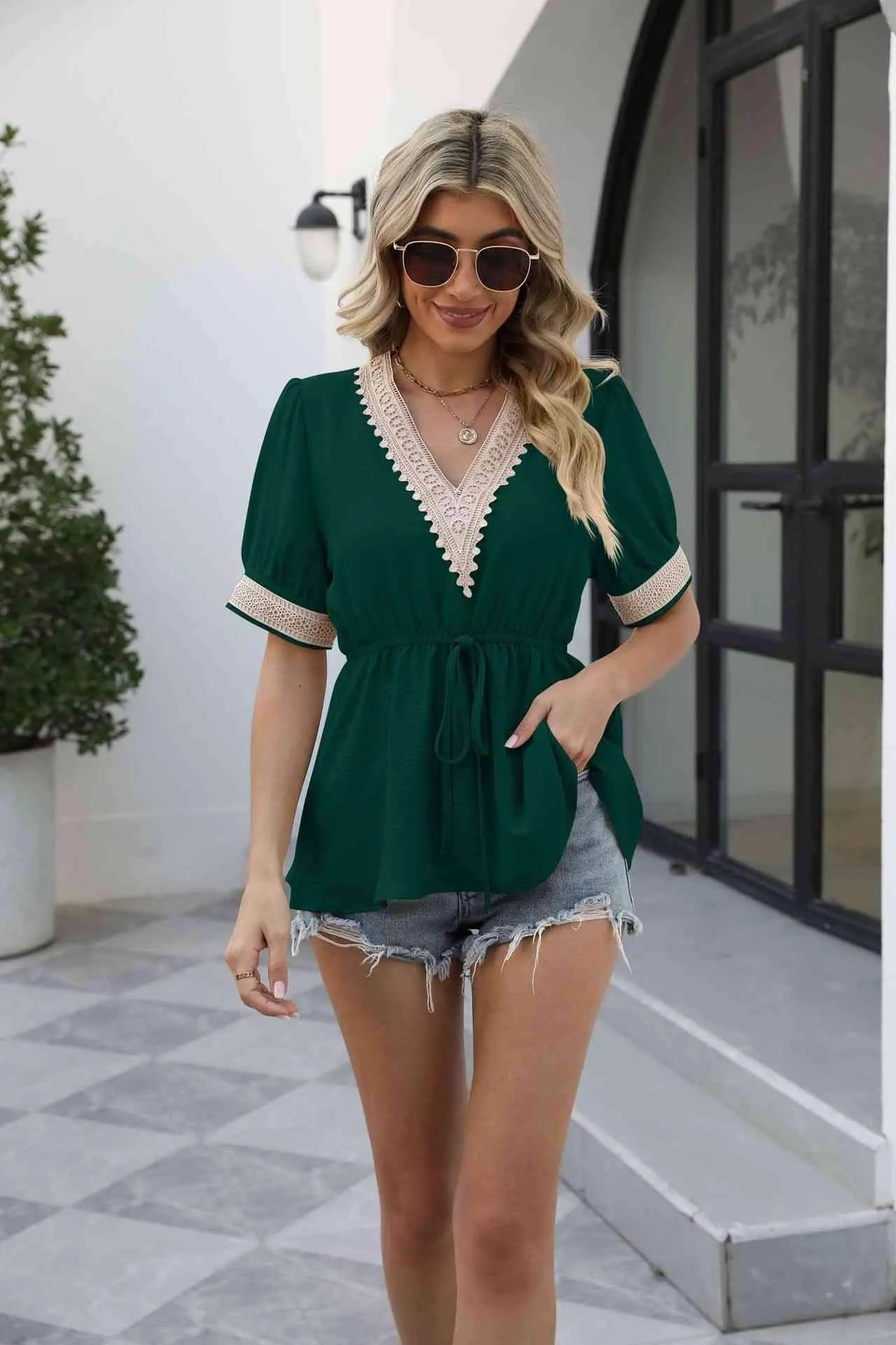 V-Neck Puff Sleeve Babydoll Top Blouses - Tophatter Daily Deals