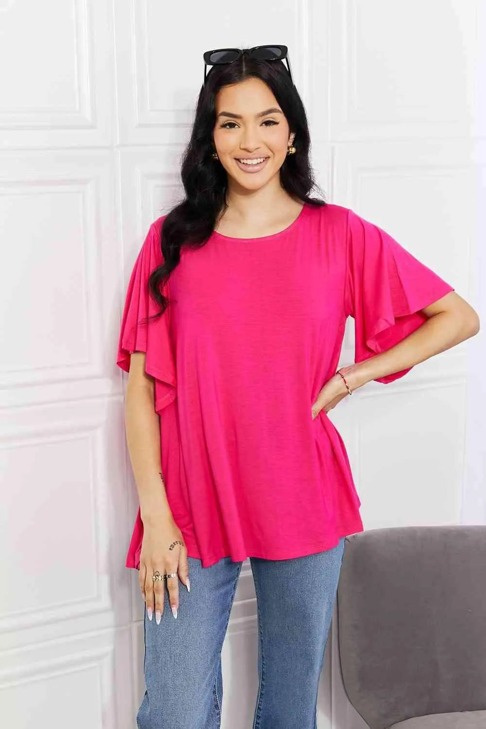 Yelete Full Size More Than Words Flutter Sleeve Top Hot Pink Blouses - Tophatter Daily Deals