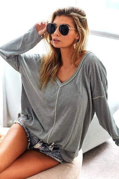 BiBi Contrast Stitching V-Neck Long Sleeve T-Shirt Blouses - Tophatter Daily Deals