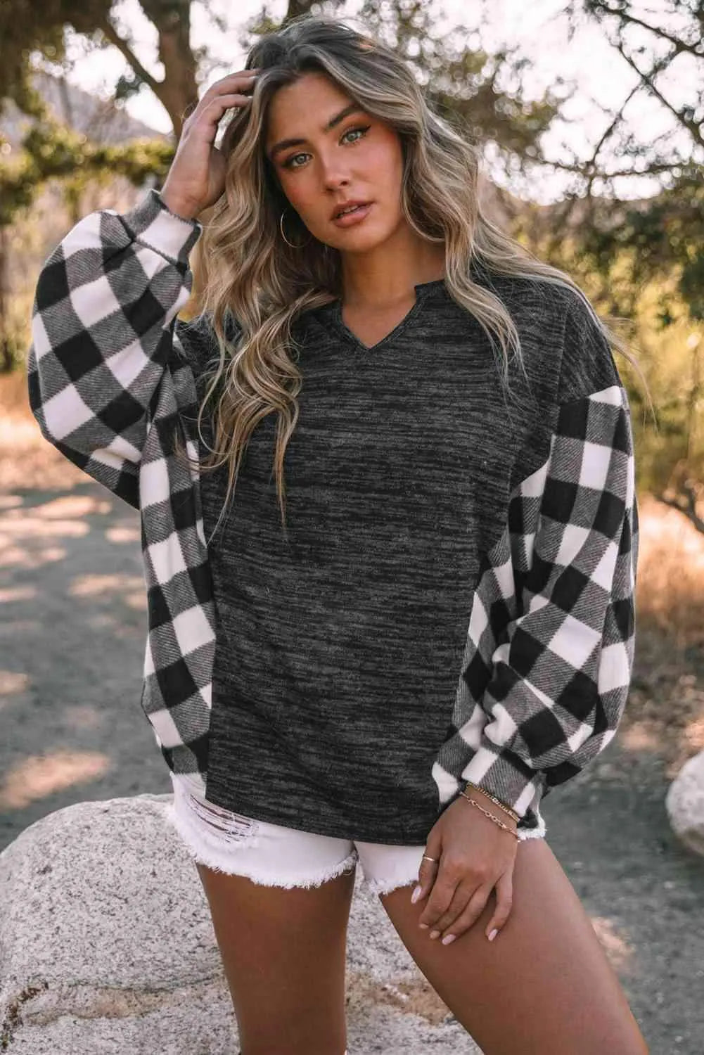 Plaid Notched Neck Top Blouses - Tophatter Daily Deals