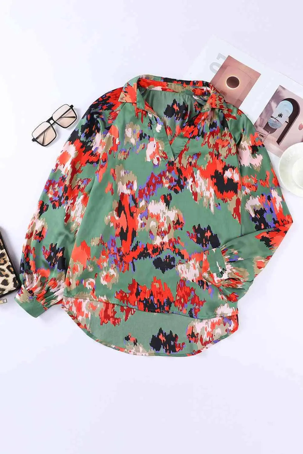 Printed Johnny Collar Raglan Sleeve Blouse Green Blouses - Tophatter Daily Deals