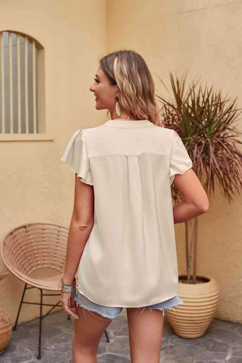 Flutter Sleeve Notched Neck Satin Blouse Blouses - Tophatter Daily Deals