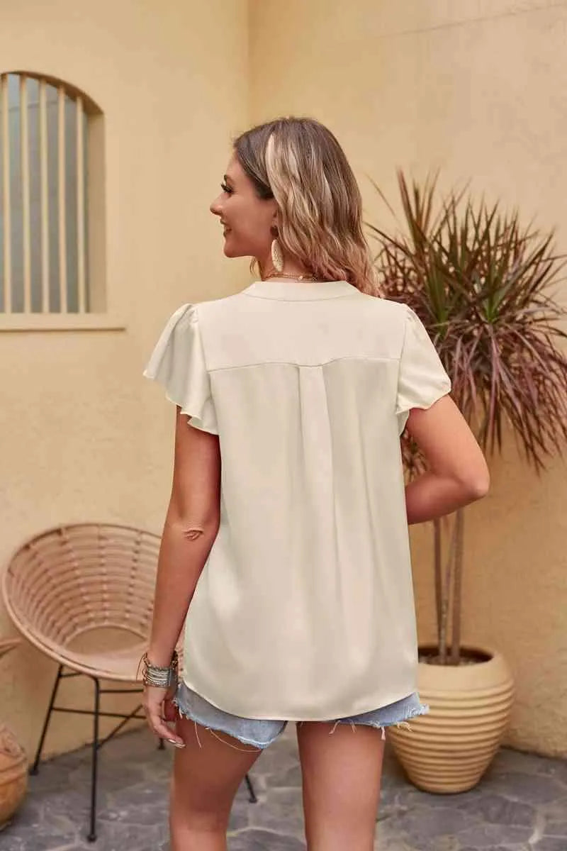 Flutter Sleeve Notched Neck Satin Blouse Blouses - Tophatter Daily Deals