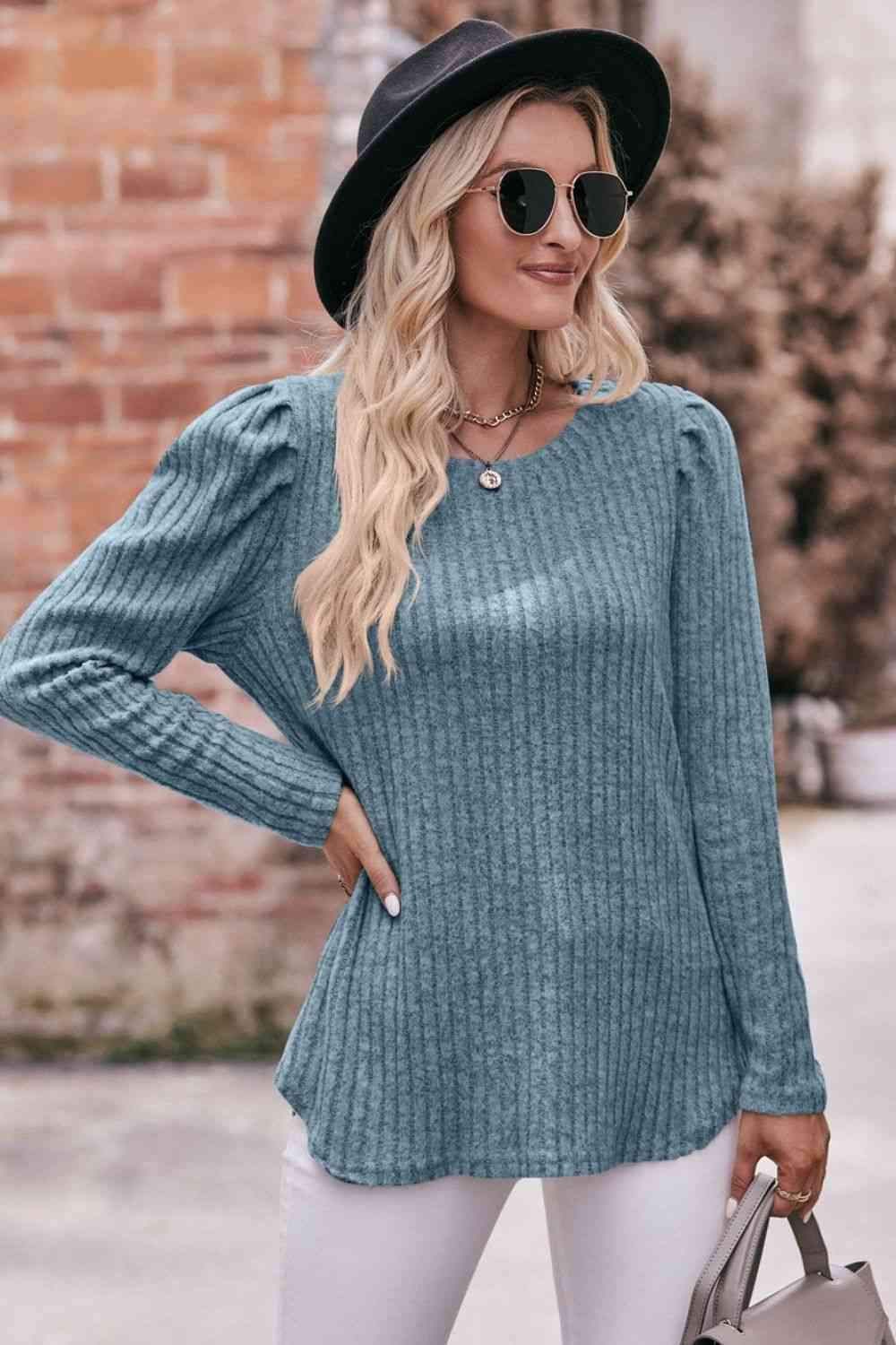 Double Take Round Neck Puff Sleeve Ribbed Top Blouses - Tophatter Daily Deals