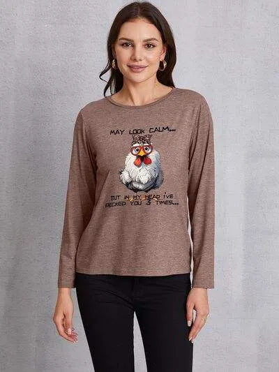 Graphic Round Neck Long Sleeve T-Shirt Taupe Women's T-Shirts - Tophatter Daily Deals