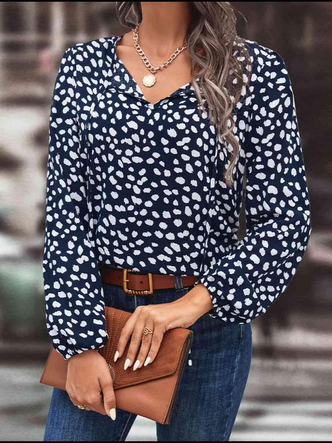 Printed Tie Neck Long Sleeve Blouse Navy Blouses - Tophatter Daily Deals