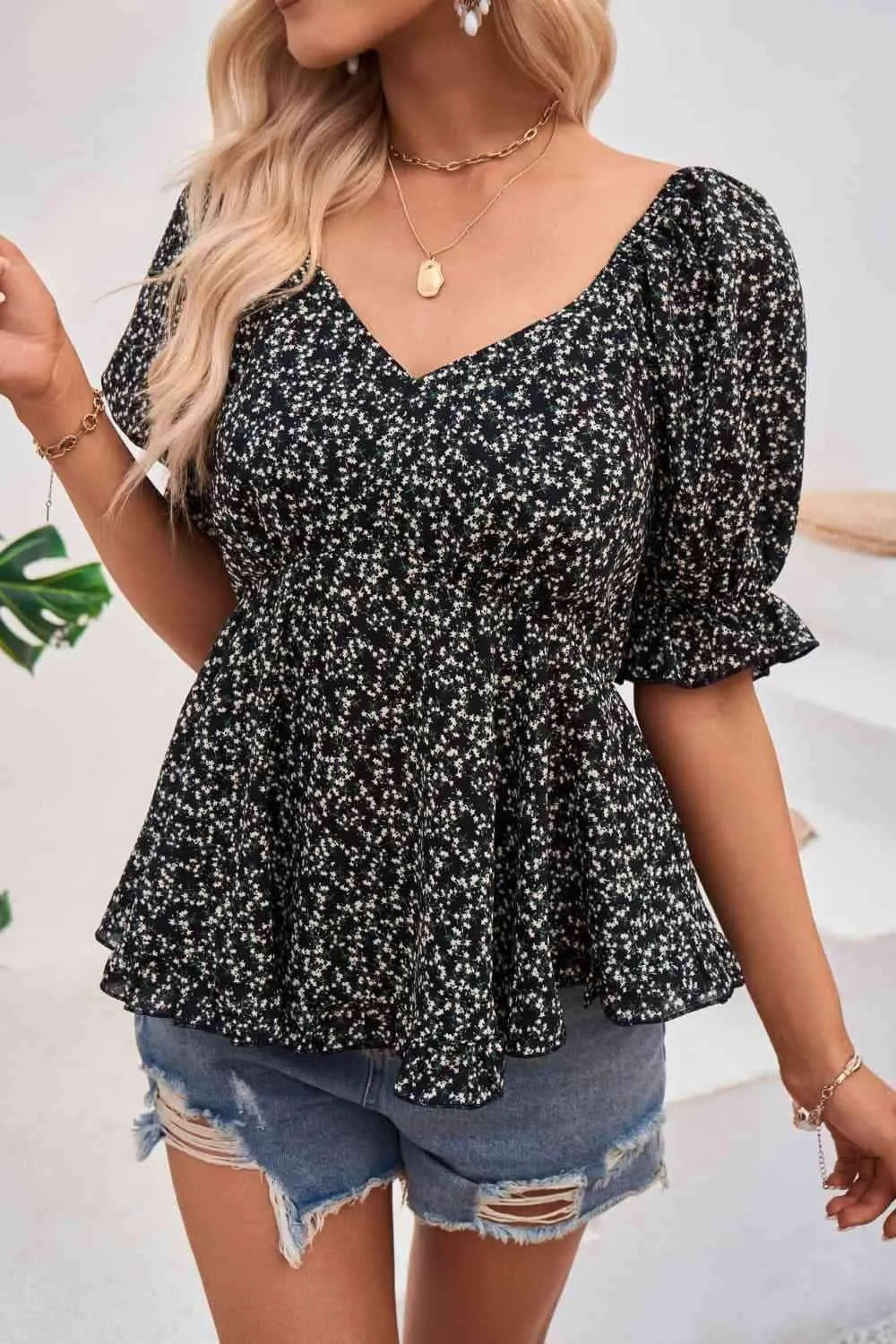 V-Neck Flounce Sleeve Blouse Blouses - Tophatter Daily Deals
