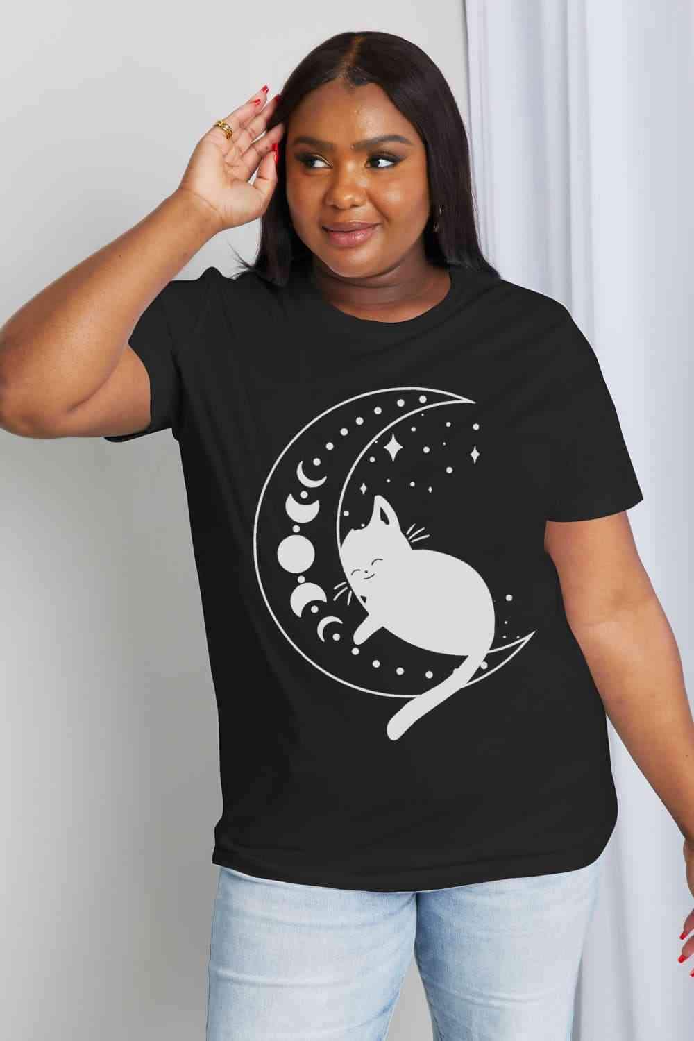 Simply Love Full Size Cat Moon Graphic Cotton Tee Women's T-Shirts - Tophatter Daily Deals