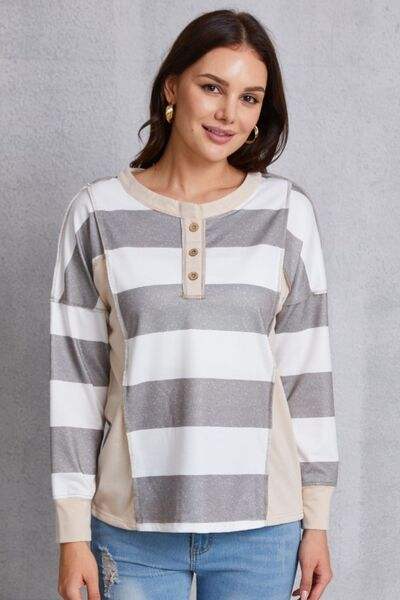 Striped Exposed Seam Buttoned T-Shirt Multicolor Women's T-Shirts - Tophatter Daily Deals