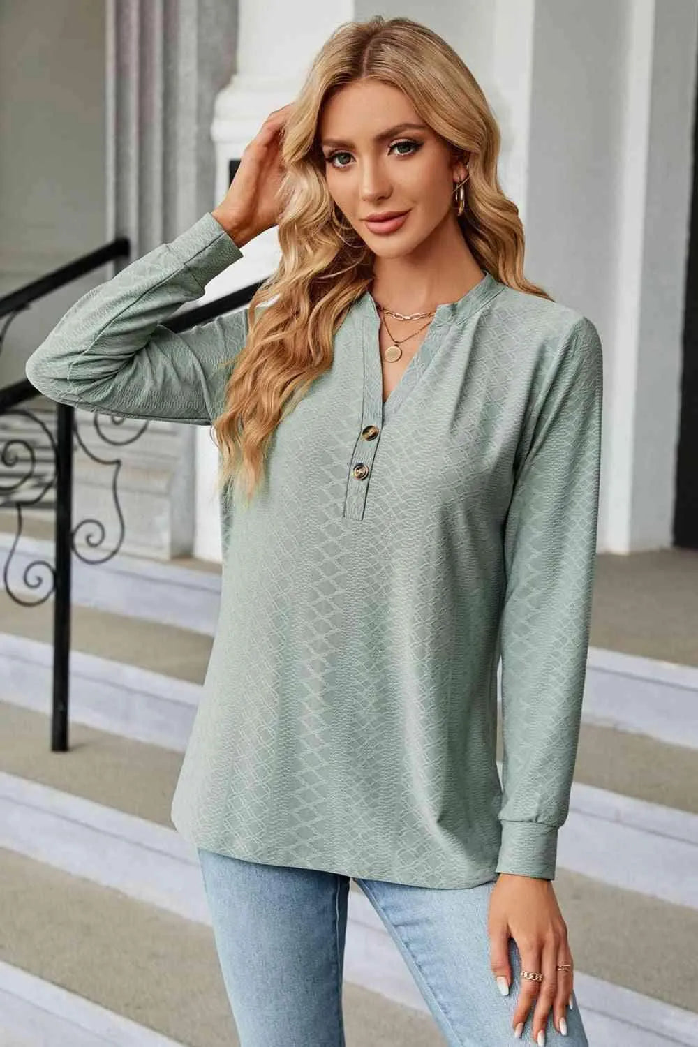 Notched Neck Long Sleeve Buttoned Blouse Blouses - Tophatter Daily Deals