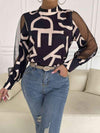 Letter Print Spliced Mesh Sleeve Blouse Black Blouses - Tophatter Daily Deals