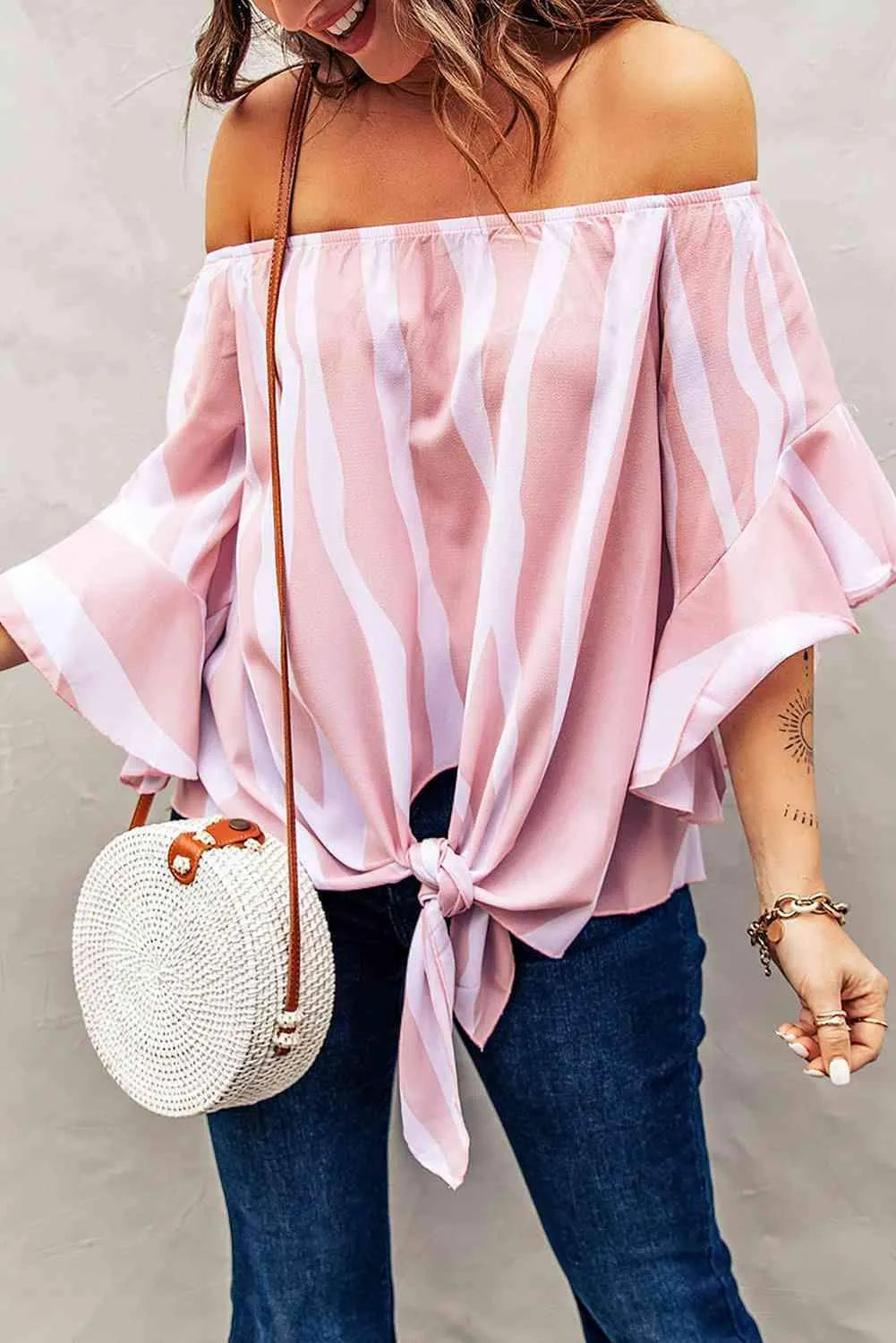 Striped Tie Front Flounce Sleeve Blouse Blouses - Tophatter Daily Deals