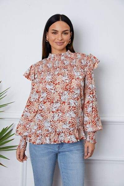 Floral Smocked Lantern Sleeve Ruffled Blouse Multicolor Blouses - Tophatter Daily Deals