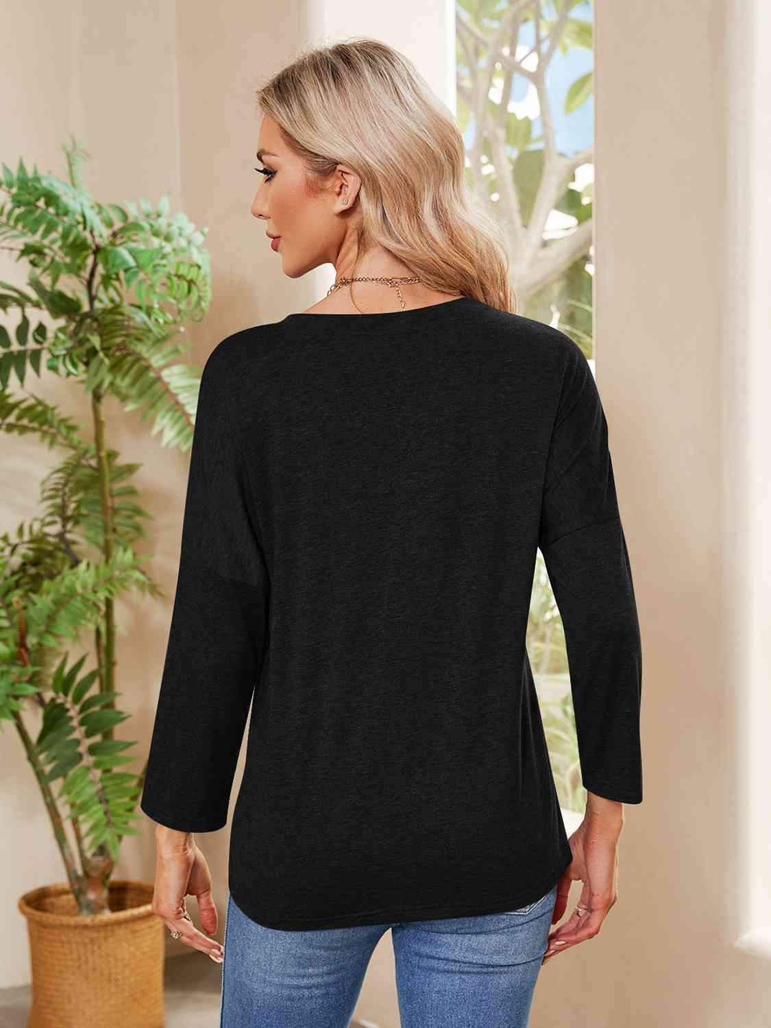 Round Neck Long Sleeve Drop Shoulder Blouse Blouses - Tophatter Daily Deals