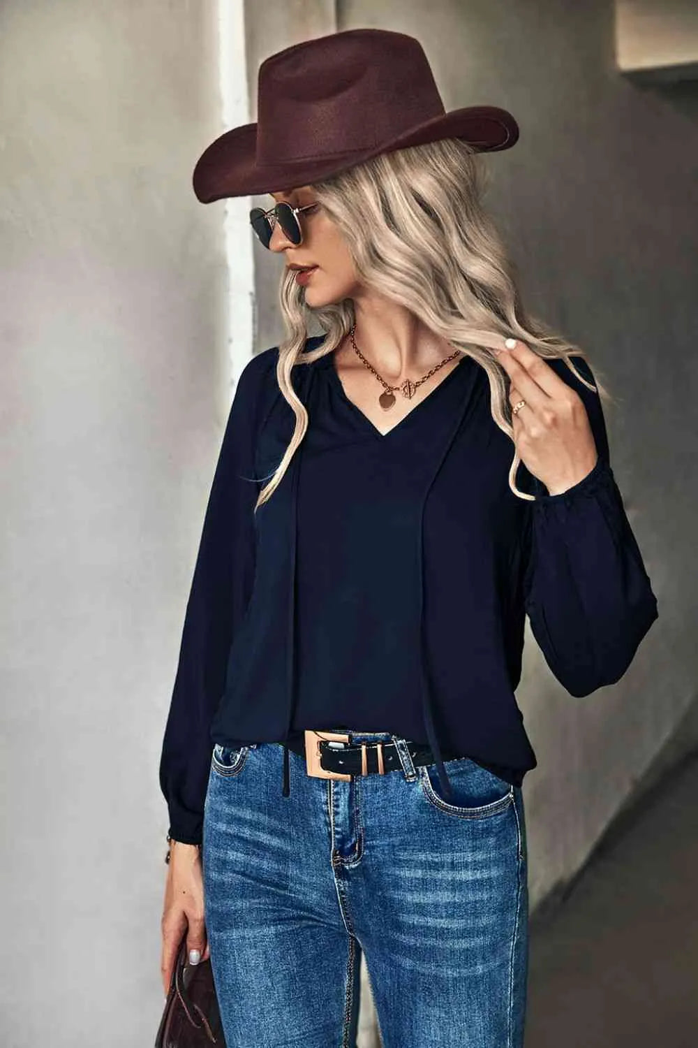 Gathered Detail Tie-Neck Blouse Blouses - Tophatter Daily Deals