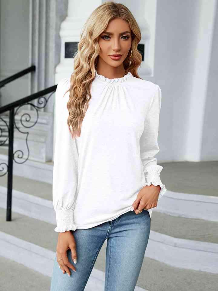 Round Neck Flounce Sleeve Blouse White Blouses - Tophatter Daily Deals