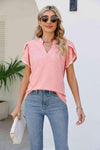 Pom-Pom Trim Petal Sleeve Notched Neck Top Blouses - Tophatter Daily Deals