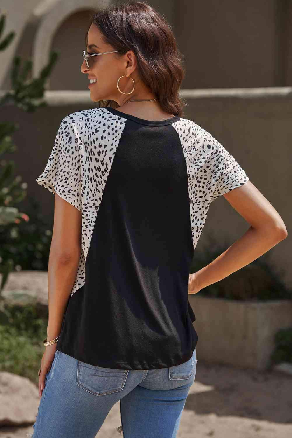 Leopard Color Block V-Neck Tee Shirt Women's T-Shirts - Tophatter Daily Deals