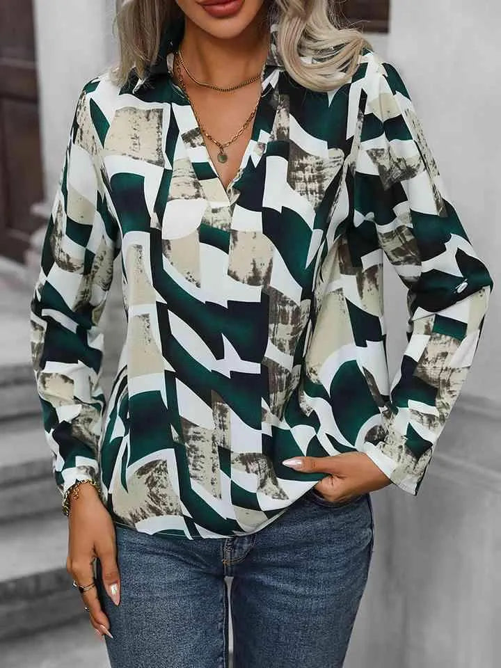 Johnny Collar Printed Long Sleeve Blouse Teal Blouses - Tophatter Daily Deals