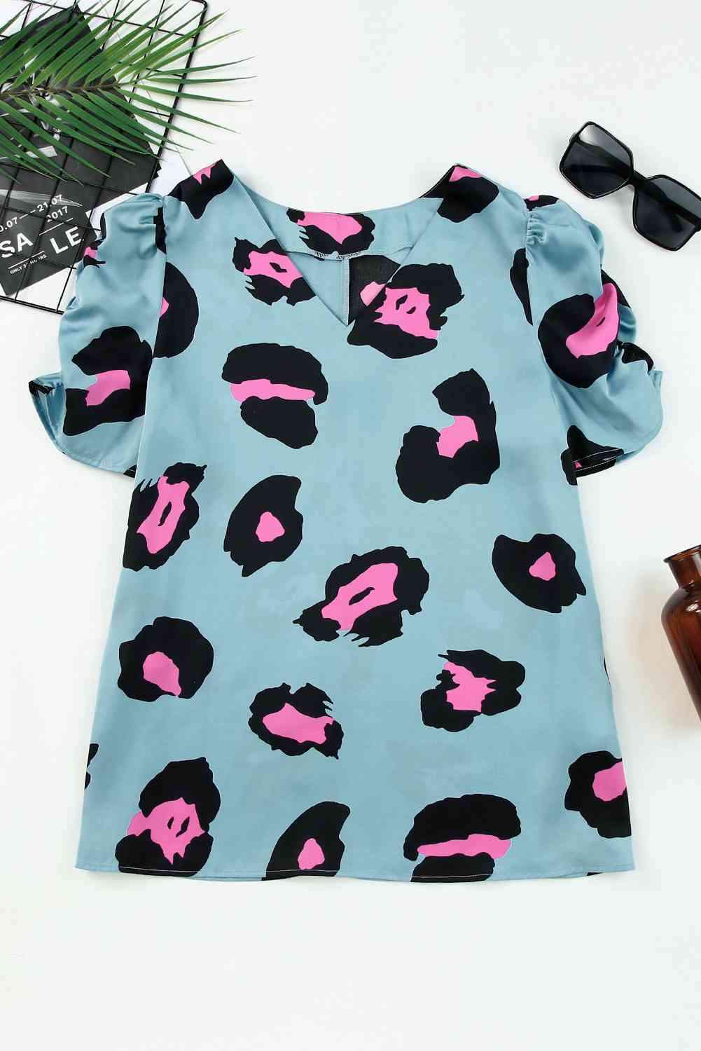 Leopard V-Neck Puff Sleeve Top Blouses - Tophatter Daily Deals