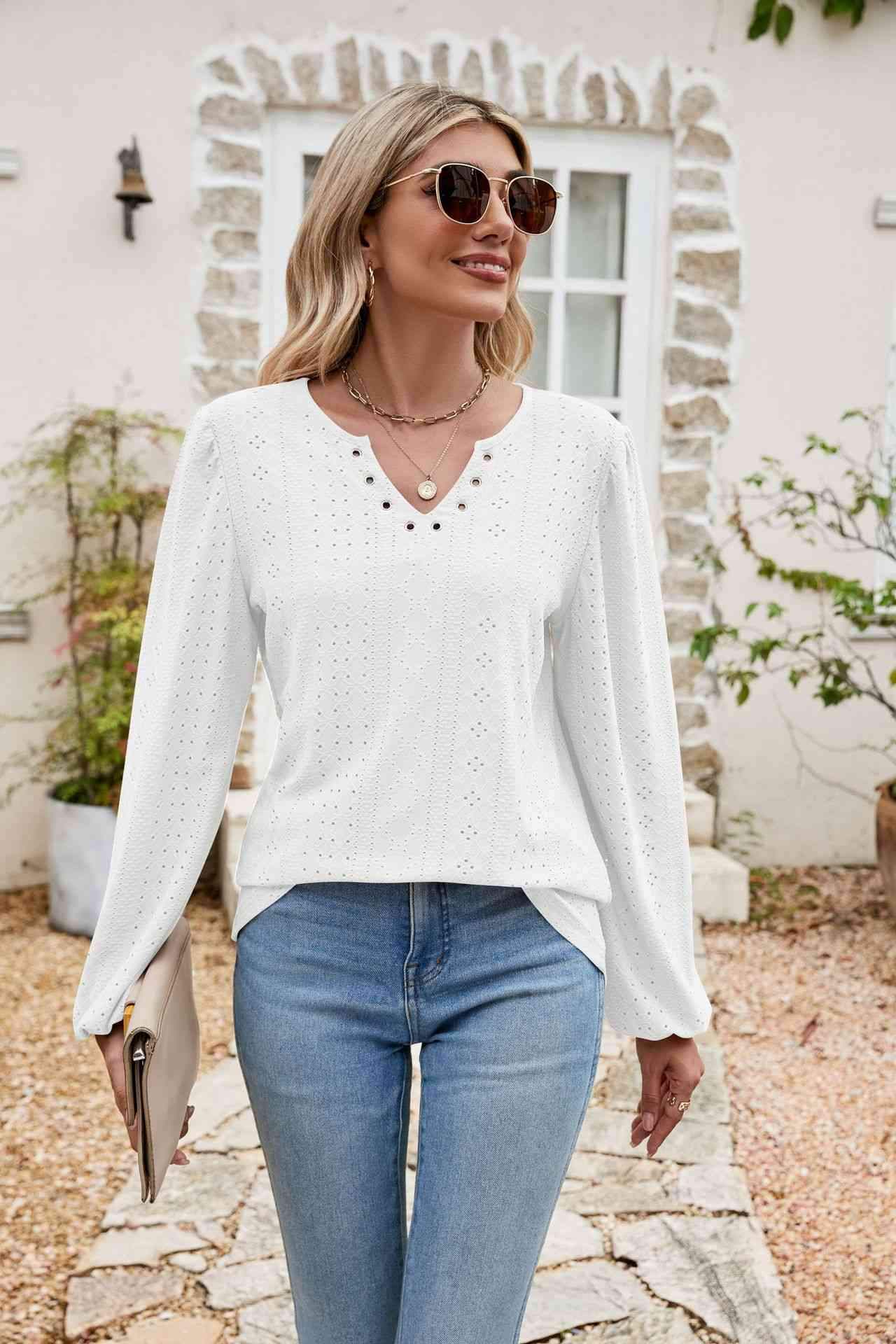 Eyelet Notched Neck Balloon Sleeve Blouse Blouses - Tophatter Daily Deals