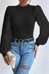 Floral Lace Detail Lantern Sleeve Blouse Black Blouses - Tophatter Daily Deals