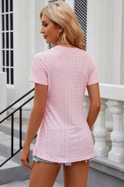 Eyelet Slit Round Neck Short Sleeve T-Shirt Women's T-Shirts - Tophatter Daily Deals