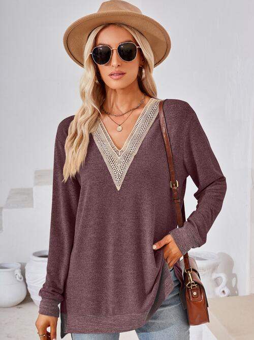 Crochet Contrast V-Neck Long Sleeve Slit T-Shirt Women's T-Shirts - Tophatter Daily Deals