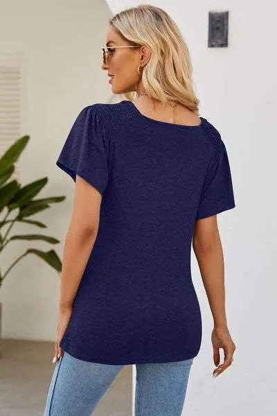 Smocked Round Neck Flutter Sleeve T-Shirt Women's T-Shirts - Tophatter Daily Deals