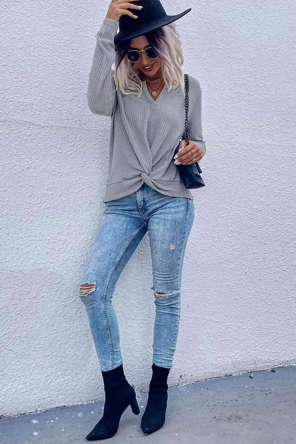 Twist Front Long Sleeve Waffle Knit Top Blouses - Tophatter Daily Deals