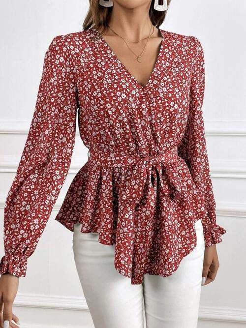 Printed V-Neck Tie Front Flounce Sleeve Blouse Scarlet Blouses - Tophatter Daily Deals