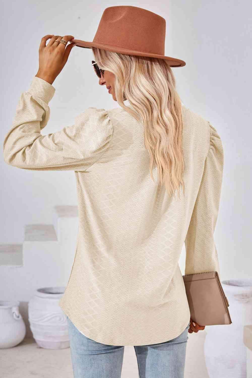 V-Neck Puff Sleeve Blouse Blouses - Tophatter Daily Deals