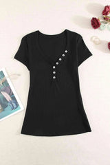 Buttoned Short Sleeve Tee Shirt Black Women's T-Shirts - Tophatter Daily Deals