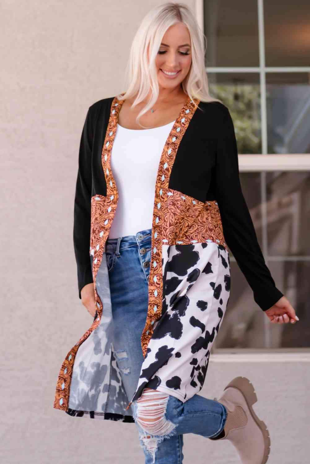 Printed Color Block Open Front Cardigan Blouses - Tophatter Daily Deals