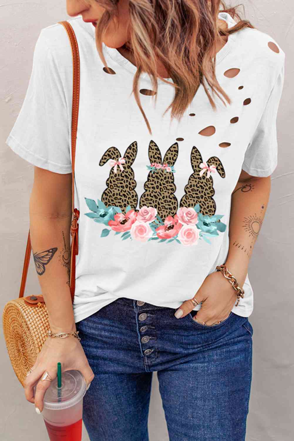 Easter Bunny Graphic Distressed Tee Shirt White Women's T-Shirts - Tophatter Daily Deals