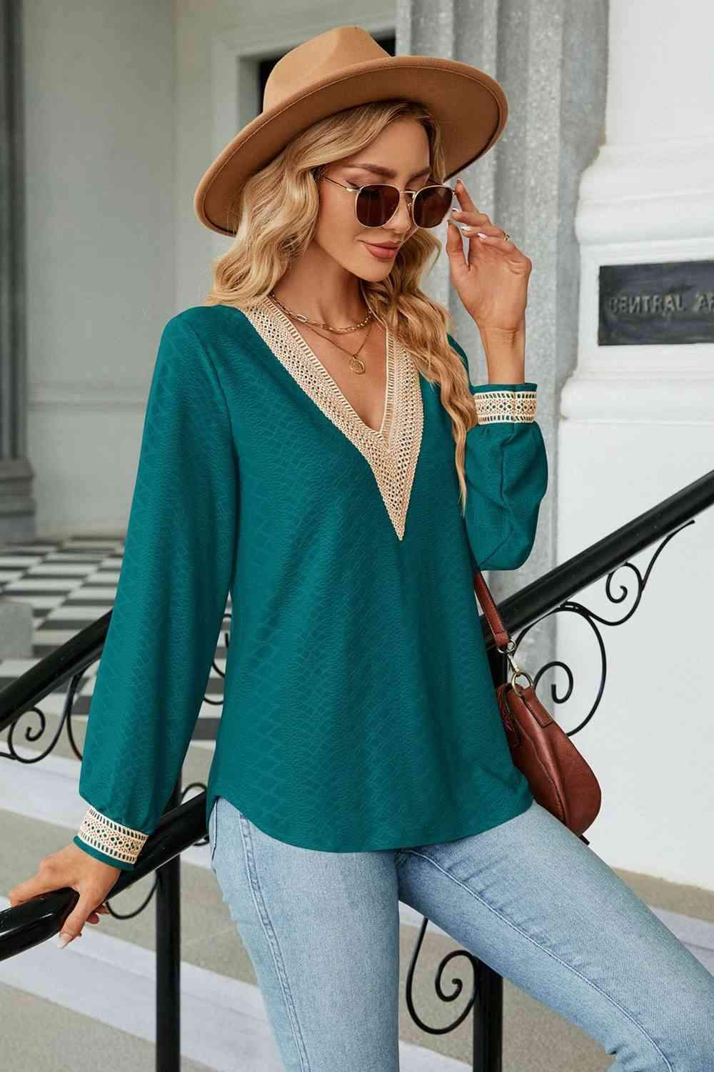 V-Neck Long Sleeve Blouse Blouses - Tophatter Daily Deals