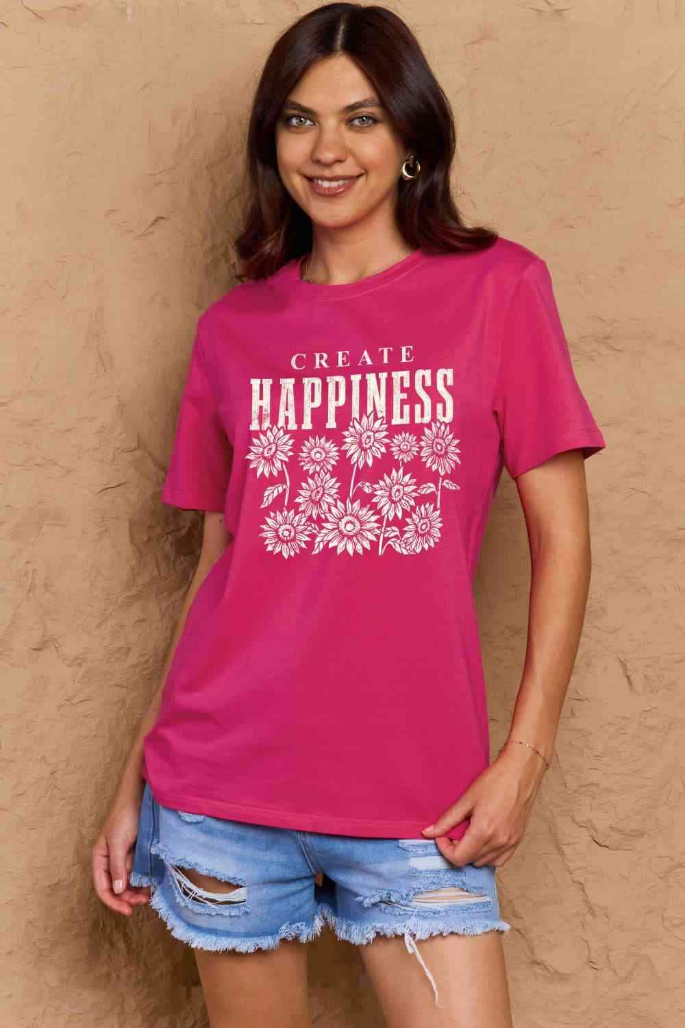 Simply Love Full Size CREATE HAPPINESS Graphic Cotton T-Shirt Deep Rose Women's T-Shirts - Tophatter Daily Deals