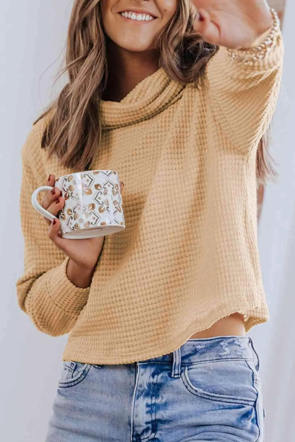 Waffle-Knit High Neck Top Blouses - Tophatter Daily Deals