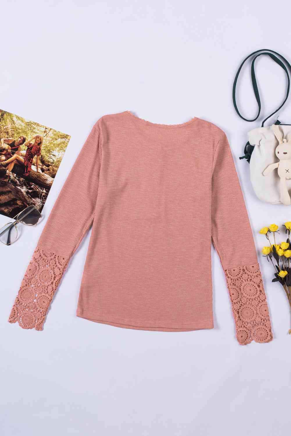 Crochet Lace Hem Sleeve Button Top Blouses - Tophatter Daily Deals