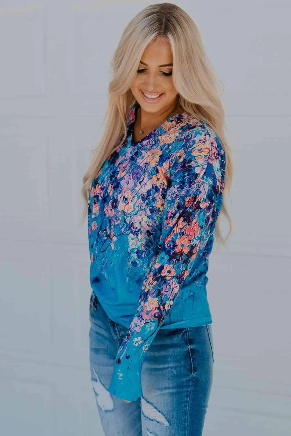 Floral V-Neck Long Sleeve Top Blouses - Tophatter Daily Deals