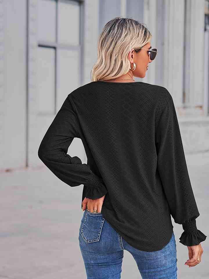 V-Neck Eyelet Flounce Sleeve Blouse Blouses - Tophatter Daily Deals