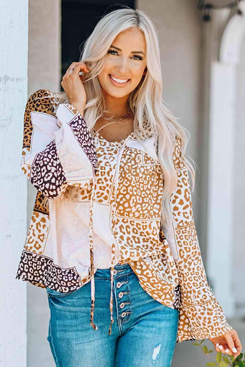 Leopard Patchwork Tied Flare Sleeve Blouse Brown Blouses - Tophatter Daily Deals