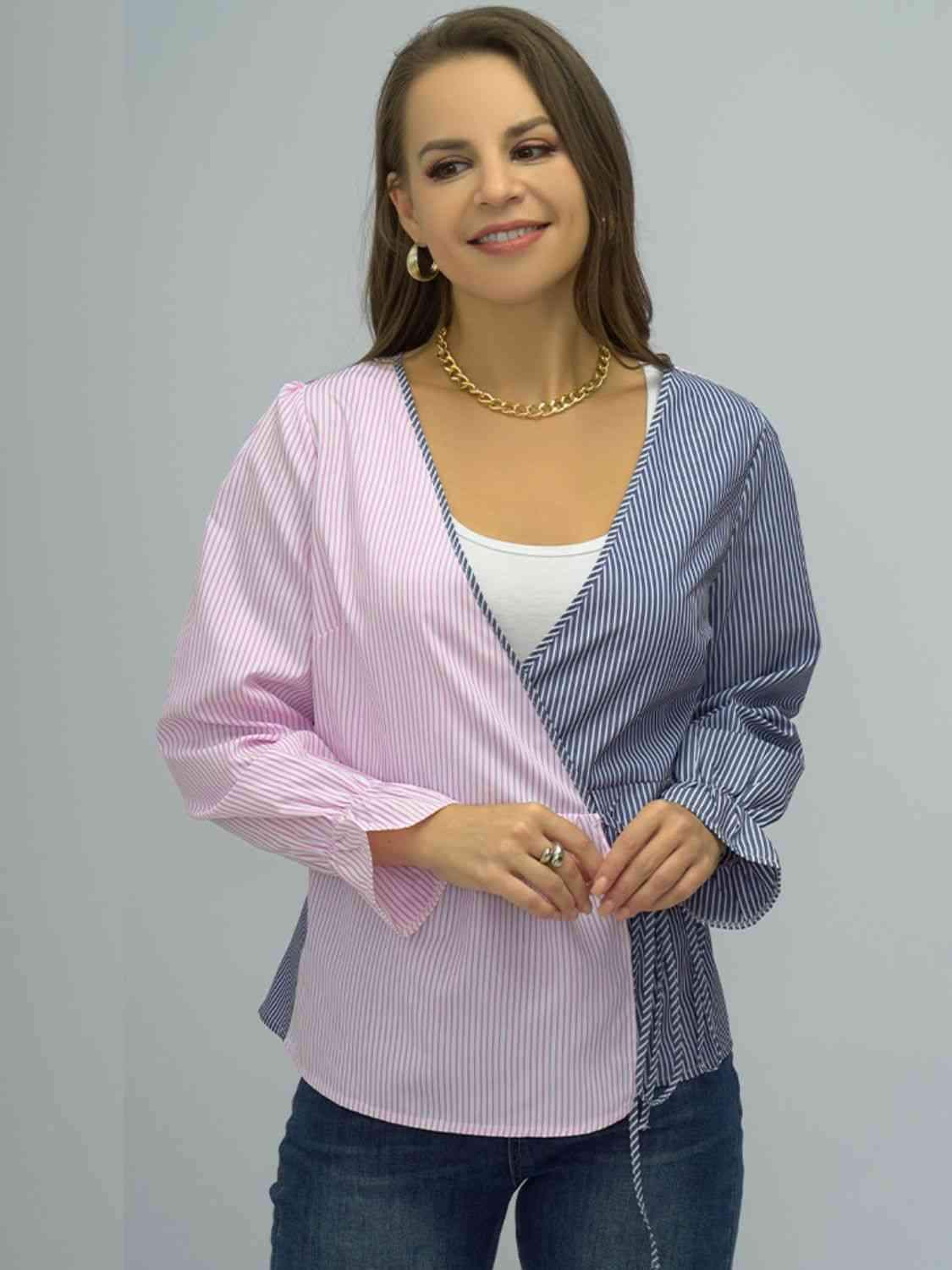 Surplice Neck Striped Long Sleeve Blouse Blouses - Tophatter Daily Deals