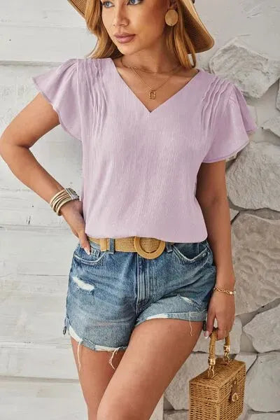V-Neck Flutter Sleeve T-Shirt Lilac Women's T-Shirts - Tophatter Daily Deals