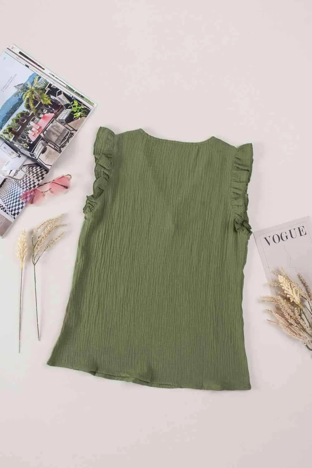 Ruffle Shoulder V-Neck Top Blouses - Tophatter Daily Deals